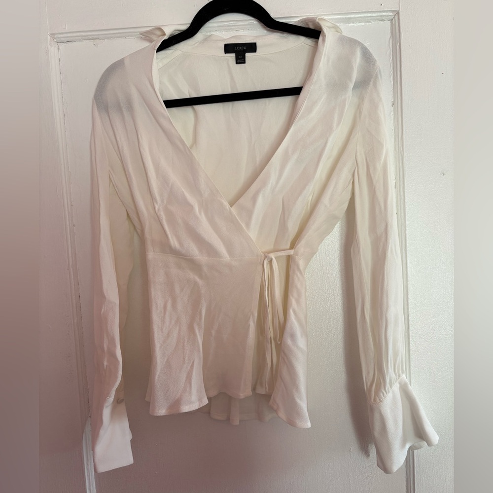 J.Crew Ivory Wrap Peplum Blouse Long Sleeve Tie Waist Feminine Size 0